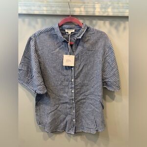 BeachLunchLounge Blue White Thin Stripe Linen Blend Button Up Shirt Women S nwt